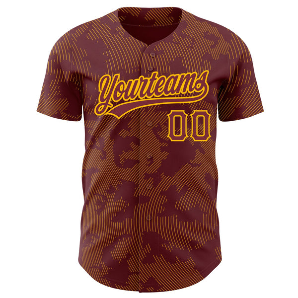 Custom Burgundy Gold 3D Pattern Design Curve Lines Authentic Baseball Jersey alternate
