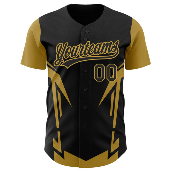 Custom Black Old Gold 3D Pattern Design Side Sharp Edges Authentic Baseball Jersey alternate