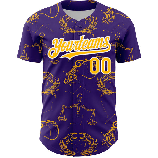 Custom Purple Gold-White 3D Pattern Design Zodiac Authentic Baseball Jersey alternate