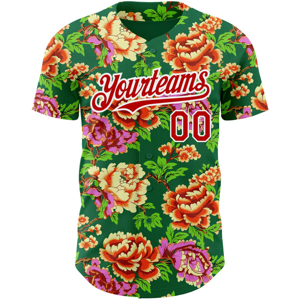 Custom Kelly Green Red-White 3D Pattern Design Northeast China Big Flower Authentic Baseball Jersey alternate