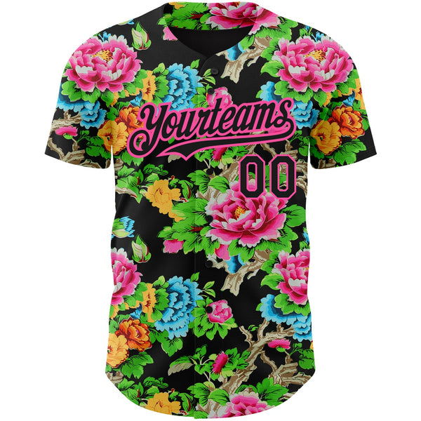 Custom Black Pink 3D Pattern Design Northeast China Big Flower Authentic Baseball Jersey alternate