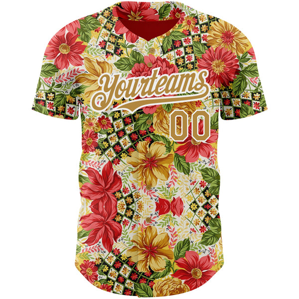 Custom Red Old Gold-White 3D Pattern Design Northeast China Big Flower Authentic Baseball Jersey alternate
