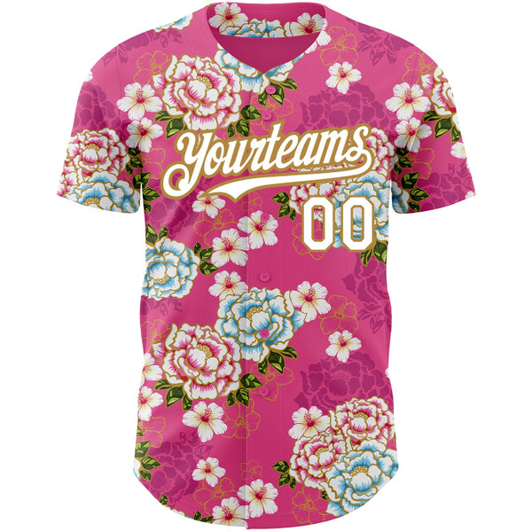 Custom Hot Pink White-Old Gold 3D Pattern Design Northeast China Big Flower Authentic Baseball Jersey alternate