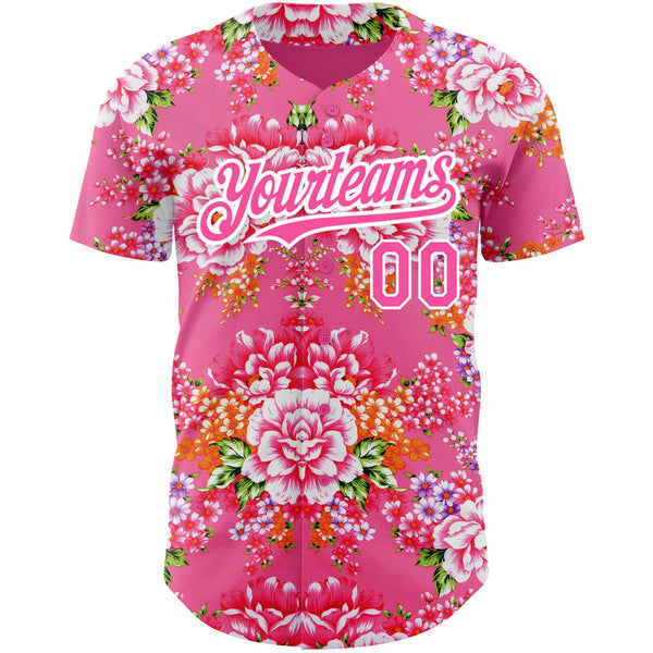 Custom Neon Pink Pink-White 3D Pattern Design Northeast China Big Flower Authentic Baseball Jersey alternate