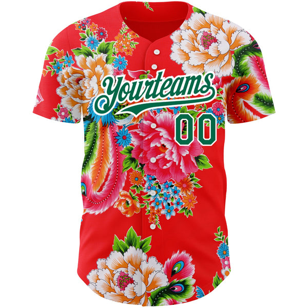 Custom Red Kelly Green-White 3D Pattern Design Northeast China Big Flower Authentic Baseball Jersey alternate