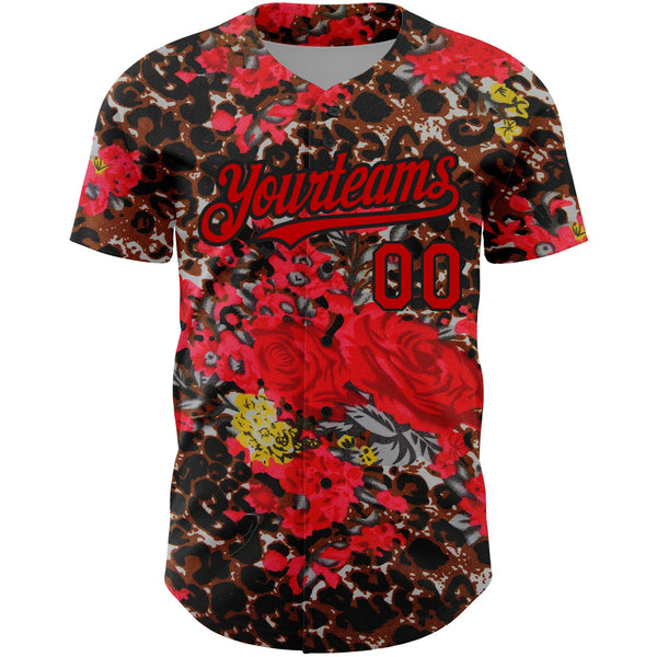 Custom Black Red 3D Pattern Design Northeast China Big Flower And Leopard Print Authentic Baseball Jersey alternate