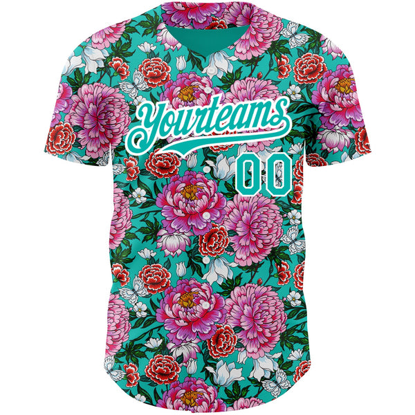 Custom Pink Aqua-White 3D Pattern Design Northeast China Big Flower Authentic Baseball Jersey alternate