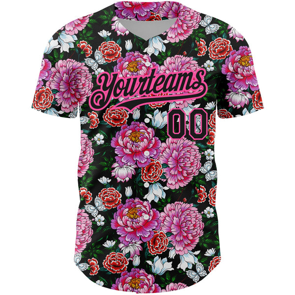 Custom Pink Black 3D Pattern Design Northeast China Big Flower Authentic Baseball Jersey alternate
