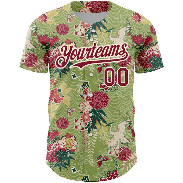 Custom Green Crimson-Cream 3D Pattern Design Northeast China Big Flower And Crane Authentic Baseball Jersey alternate