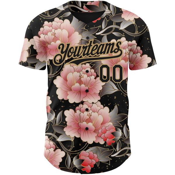 Custom Black Old Gold 3D Pattern Design Northeast China Big Flower Authentic Baseball Jersey alternate