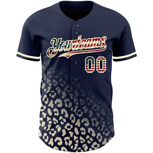 Custom Navy Vintage USA Flag-Cream 3D Pattern Design Leopard Print Fade Fashion Authentic Baseball Jersey alternate