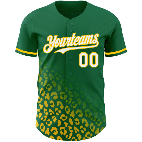 Custom Kelly Green White-Yellow 3D Pattern Design Leopard Print Fade Fashion Authentic Baseball Jersey alternate