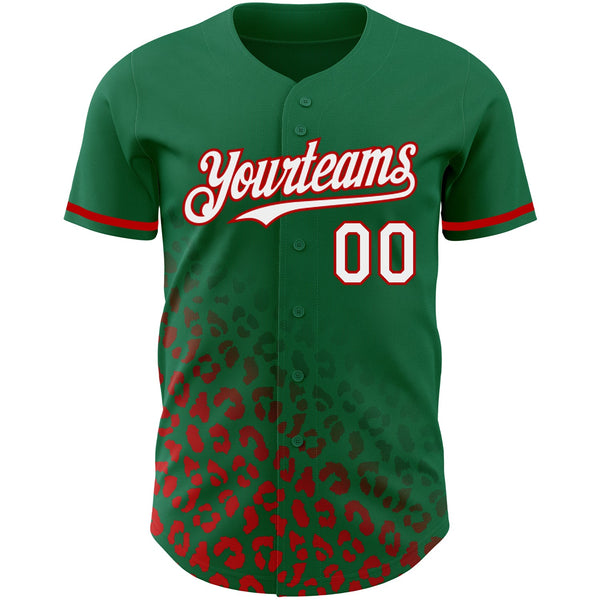Custom Kelly Green White-Red 3D Pattern Design Leopard Print Fade Fashion Authentic Baseball Jersey alternate
