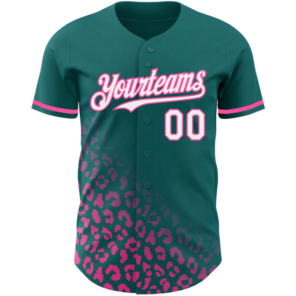 Custom Teal White-Pink 3D Pattern Design Leopard Print Fade Fashion Authentic Baseball Jersey alternate
