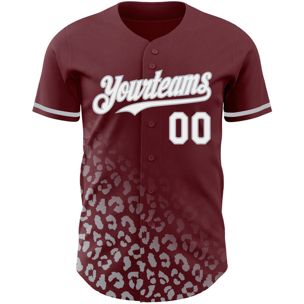Custom Burgundy White-Gray 3D Pattern Design Leopard Print Fade Fashion Authentic Baseball Jersey alternate