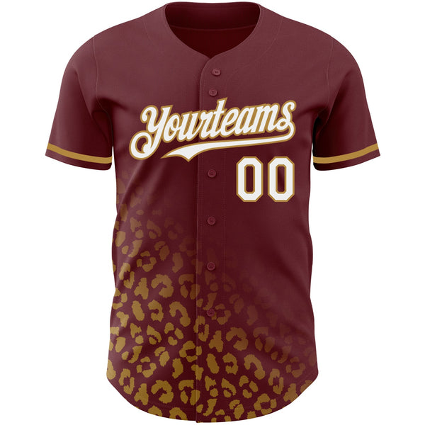 Custom Burgundy White-Old Gold 3D Pattern Design Leopard Print Fade Fashion Authentic Baseball Jersey alternate