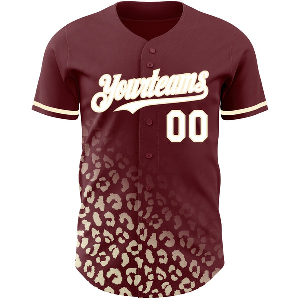 Custom Burgundy White-Cream 3D Pattern Design Leopard Print Fade Fashion Authentic Baseball Jersey alternate