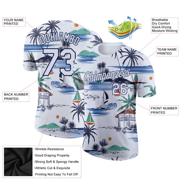 Custom White Navy 3D Pattern Design Hawaii Palm Trees Island And Sailboat Performance T-Shirt alternate
