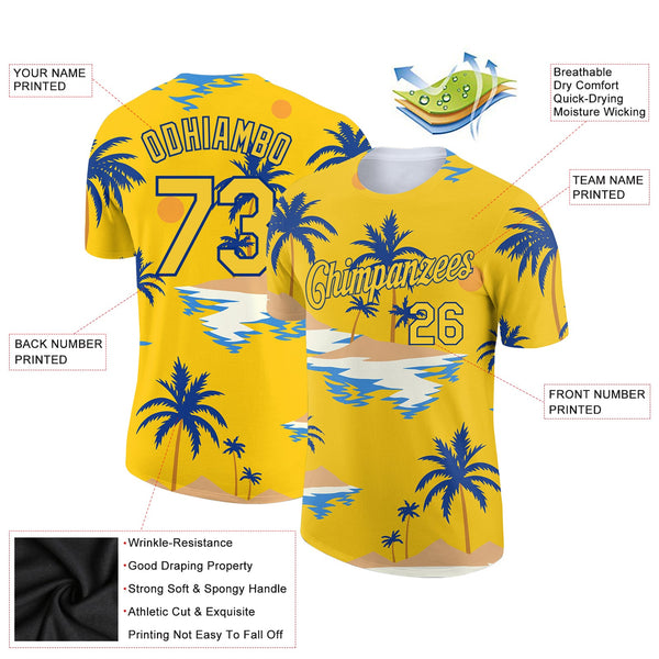 Custom Yellow Royal 3D Pattern Design Sun Beach Hawaii Palm Trees Performance T-Shirt alternate