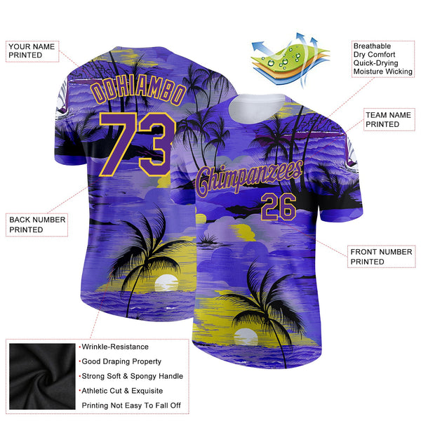 Custom Purple Yellow 3D Pattern Design Sun Beach Hawaii Palm Trees Performance T-Shirt alternate