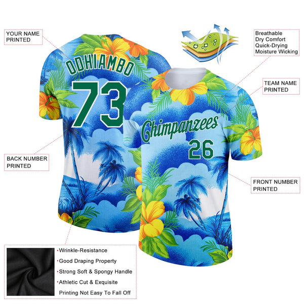Custom White Kelly Green 3D Pattern Design Beach Hawaii Palm Trees And Flowers Performance T-Shirt alternate