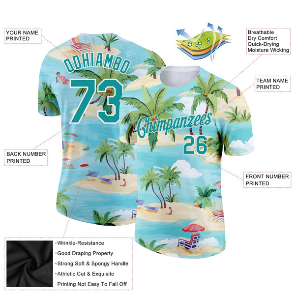 Custom Lakes Blue Teal-White 3D Pattern Design Beach Hawaii Palm Trees Performance T-Shirt alternate
