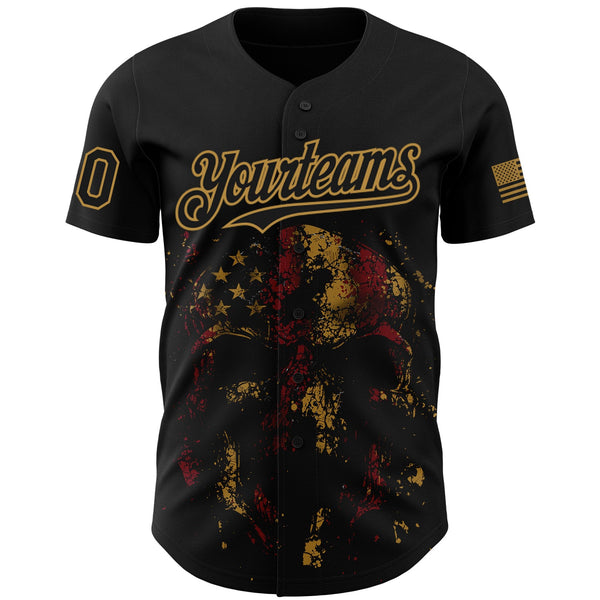 Custom Black Old Gold 3D American Flag Skull Patriotic Authentic Baseball Jersey alternate