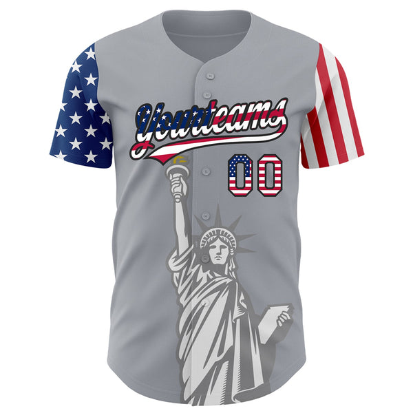 Custom Gray USA Flag-Black 3D American Flag Statue of Liberty Patriotic Authentic Baseball Jersey alternate