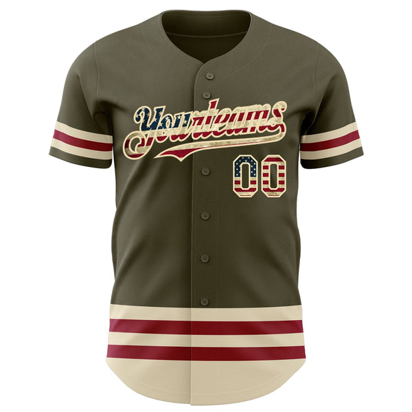Custom Olive Vintage USA Flag Cream-Maroon Line Authentic Salute To Service Baseball Jersey alternate