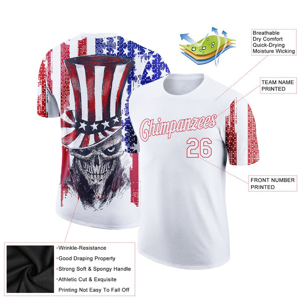 Custom White Red-Royal 3D American Flag Skull Patriotic Performance T-Shirt alternate
