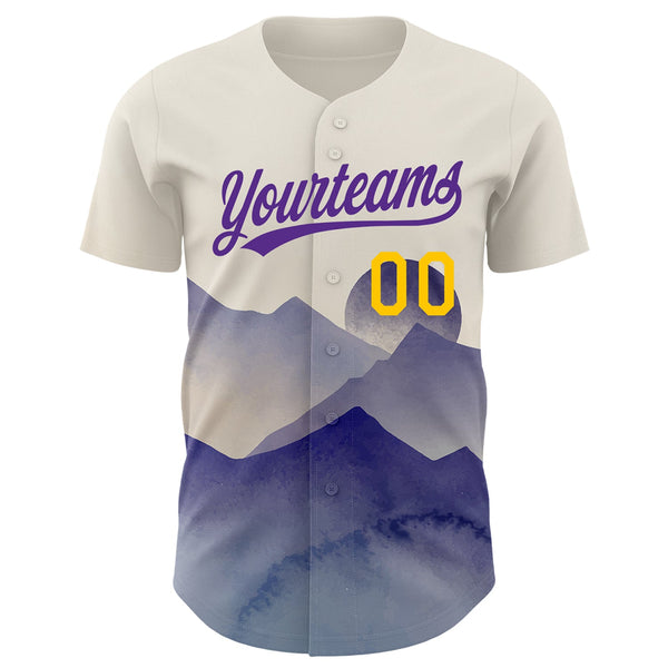 Custom Cream Yellow-Purple 3D Pattern Design Watercolor Mountains Authentic Baseball Jersey alternate