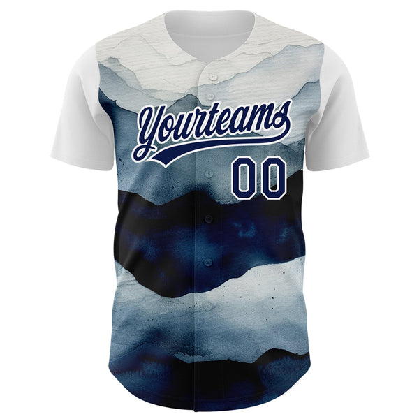 Custom White Navy 3D Pattern Design Watercolor Mountains Authentic Baseball Jersey alternate
