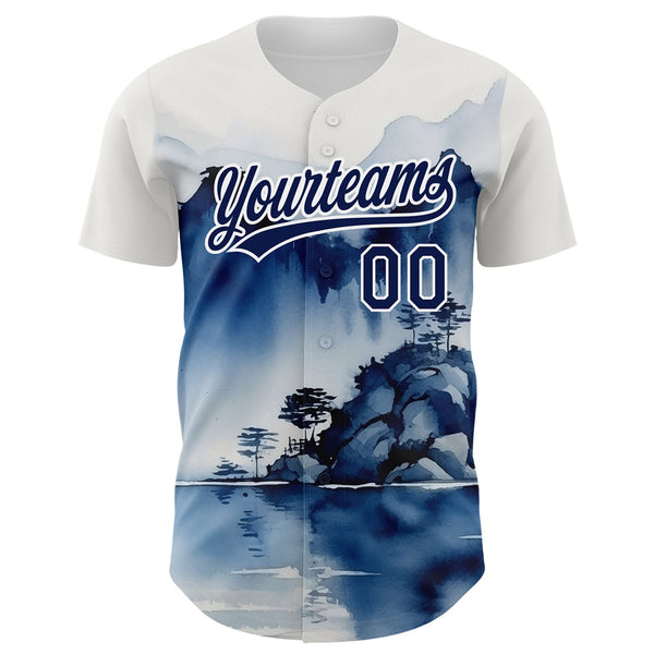 Custom White Navy 3D Pattern Design Abstract Watercolor Mountains Authentic Baseball Jersey alternate