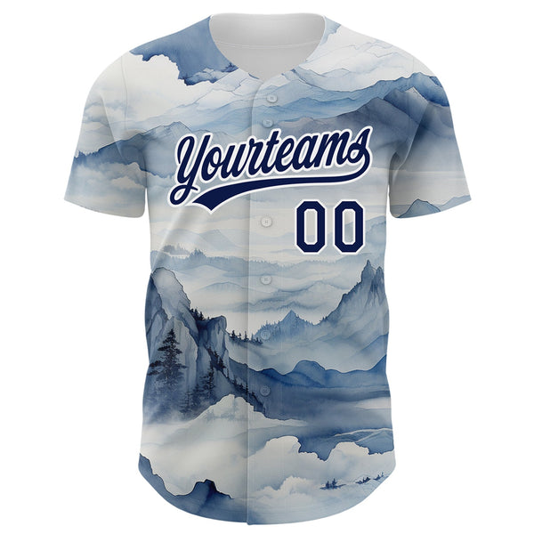 Custom White Navy 3D Pattern Design Mountains Landscape Authentic Baseball Jersey alternate