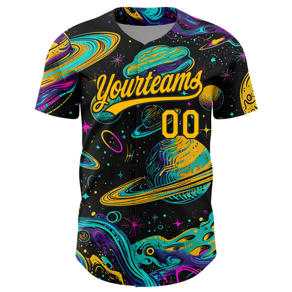 Custom Black Gold 3D Pattern Design Space With Planets And Stars Authentic Baseball Jersey alternate