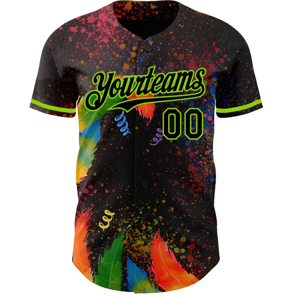 Custom Black Neon Green 3D Pattern Design Holi Festival Color Powder Authentic Baseball Jersey alternate