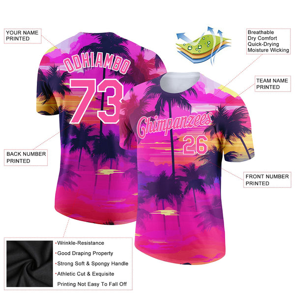 Custom Pink White 3D Pattern Design Tropical Hawaii Palms Trees Performance T-Shirt alternate
