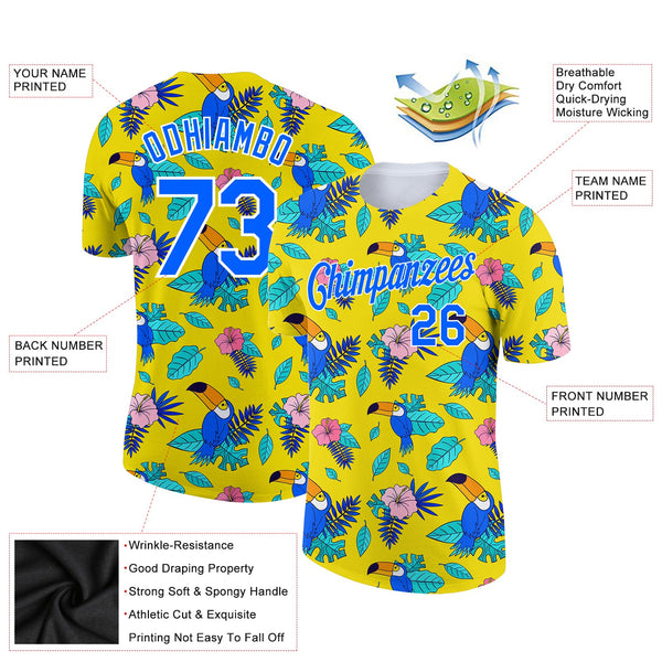 Custom Yellow Royal-White 3D Pattern Design Tropical Hawaii Plant With Bird Performance T-Shirt alternate