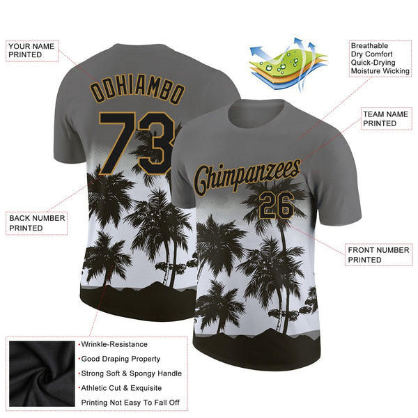 Custom Gray Black-Old Gold 3D Pattern Design Tropical Hawaii Palms Trees Performance T-Shirt alternate