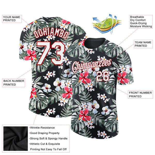 Custom Black White-Red 3D Pattern Design Tropical Hawaii Plant Performance T-Shirt alternate
