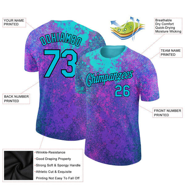 Custom Purple Lakes Blue-Black 3D Pattern Design Holi Festival Color Powder Performance T-Shirt alternate