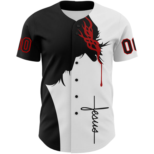 Custom White Black-Red 3D Pattern Design Religion Jesus Christ Authentic Baseball Jersey alternate