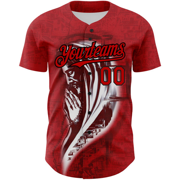 Custom Red Black 3D Pattern Design Religion Jesus Christc Authentic Baseball Jersey alternate