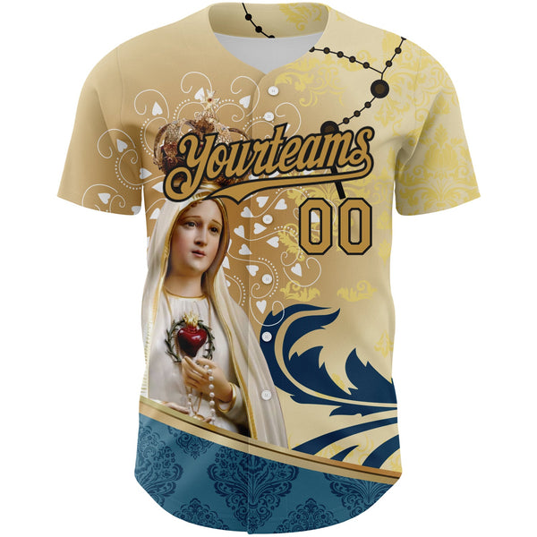 Custom Old Gold Black 3D Pattern Design Religion Virgin Mary Authentic Baseball Jersey alternate