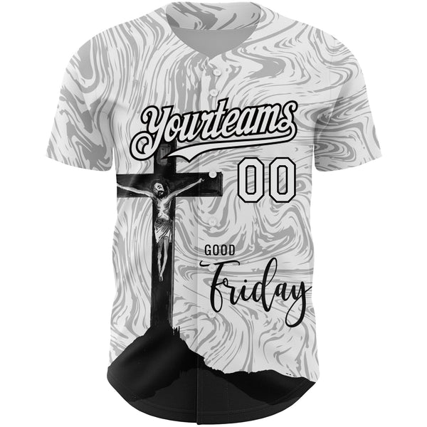 Custom White Black 3D Pattern Design Religion Cross Jesus Christ Good Friday Authentic Baseball Jersey alternate
