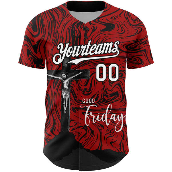 Custom Red White-Black 3D Pattern Design Religion Cross Jesus Christ Good Friday Authentic Baseball Jersey alternate