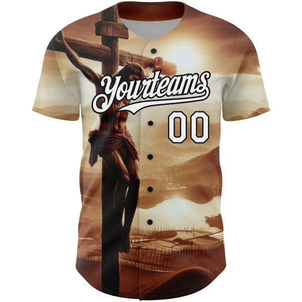 Custom Brown White-Black 3D Pattern Design Religion Cross Jesus Christ Good Friday Authentic Baseball Jersey alternate