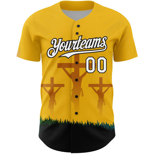 Custom Yellow White-Black 3D Pattern Design Religion Cross Jesus Christ Good Friday Authentic Baseball Jersey alternate