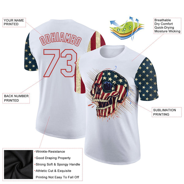Custom White Red 3D Skull Head With American Flag Performance T-Shirt alternate
