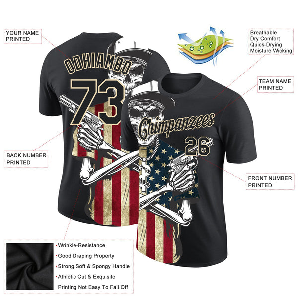 Custom Black City Cream 3D Skull Killer With American Flag Performance T-Shirt alternate